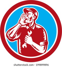 Illustration of a mechanic calling out holding hand spanner wrench tool set inside circle on isolated background done in woodcut style. 
