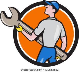 Illustration of a mechanic carrying giant spanner looking up to the side viewed from rear set inside circle on isolated background done in cartoon style. 