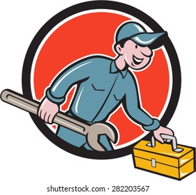 Illustration of a mechanic carrying spanner wrench andtoolbox running viewed from the side set inside circle on isolated background done in cartoon style.