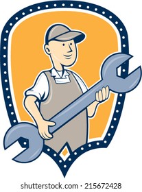 Illustration of a mechanic holding spanner wrench facing front set inside shield crest on isolated background done in cartoon style.