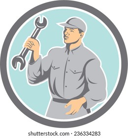 Illustration of a mechanic holding spanner wrench looking to the side set inside circle on isolated background done in retro style. 