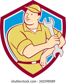 Illustration of a mechanic holding spanner wrench looking to the side with hand on hip set inside shield crest on isolated background done in cartoon style.