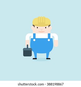 Illustration of mechanic man and toolbox. Vector illustration flat style.