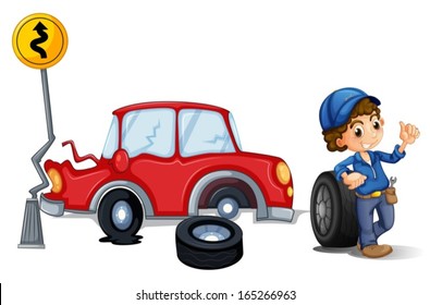 Illustration of a mechanic near the car accident area on a white background