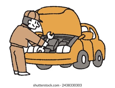Ilustración de un mecánico que da servicio a un coche