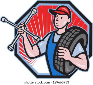 Illustration of a mechanic with tire and socket wrench standing front view set inside hexagon done in cartoon style