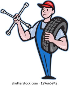 Illustration of a mechanic with tire socket wrench and tire standing front view isolated on white background done in cartoon style