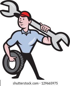 Illustration of a mechanic with tire and socket wrench standing front view set inside hexagon done in cartoon style