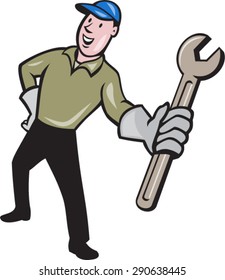 Illustration of a mechanic wearing hat and gloves standing holding presenting wrench spanner facing front set on isolated white background done in cartoon style. 