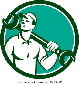 Illustration of a mechanic wearing hat holding spanner wrench on shoulder looking up to the side set inside circle on isolated background done in retro style.