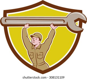 Illustration of a mechanic wearing hat and overalls looking to the side lifting giant spanner wrench over head viewed from front set inside circle on isolated background done in cartoon style. 