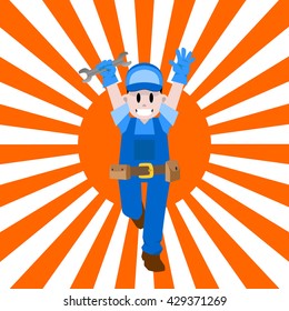 Illustration of a mechanic wearing hat running holding wrench running from behind.