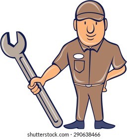 Illustration of a mechanic wearing hat standing in attention holding a giant spanner wrench viewed from the front set on isolated white background done in cartoon style. 