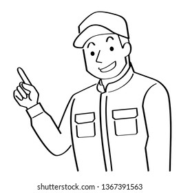 illustration of mechanic who explains while pointing to the finger. this young man wears a cap and Coveralls.
- felt-tip pen writing style line drawing -