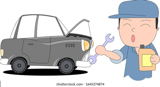 Illustration of a mechanic who is smiling with the car bonnet open