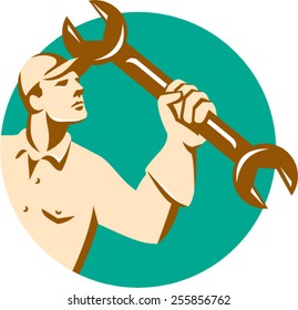 Illustration of a mechanic wielding holding spanner wrench looking up viewed from side set inside circle on isolated background done in retro style. 