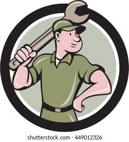 Illustration of a mechanic wielding holding spanner wrench looking to the side viewed from front set inside circle on isolated background done in cartoon style. 