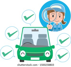 Illustration of a mechanic woman inspecting a car