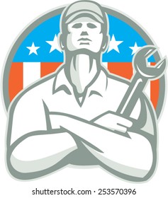 Illustration of a mechanic worker wearing hat arms crossed holding wrench looking up set inside shield crest with american usa flag stars and stripes in the background done in retro style. 