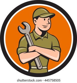 Illustration of a mechanic worker wearing hat arms crossed holding spanner looking to the side viewed from front set inside circle on isolated background done in cartoon style.