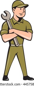 Illustration of a mechanic worker wearing hat standing with arms crossed holding spanner looking to the side viewed from front set on isolated white background done in cartoon style.