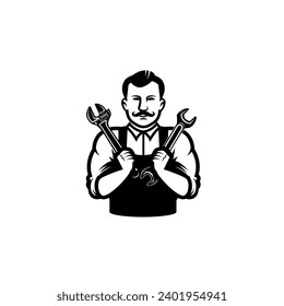 Illustration of mechanic with wrench.handmade illustration. Design element for emblem, sign, badge. Vector illustration