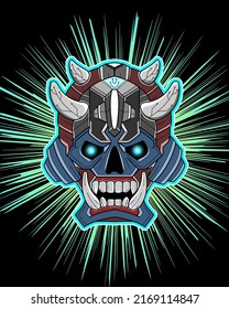 illustration of mechanical demon skull for e sport team mascot logo with glowing lines isolated on black