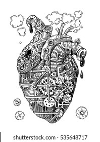 Illustration mechanical heart. Hand drawn vector. Steampunk style. Us for print for t-shirt, smart phone, poster, web.Happy Valentine's Day card.