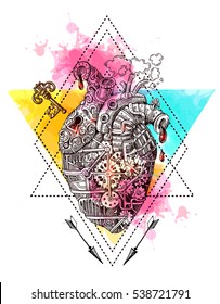 Illustration mechanical heart. Hand drawn vector. Steampunk style. Us for print for t-shirt, smart phone, poster, web.Happy Valentine s Day card.