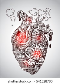 Illustration mechanical heart. Hand drawn vector. Steampunk style. Us for print for t-shirt, smart phone, poster, web.Happy Valentine's Day card.