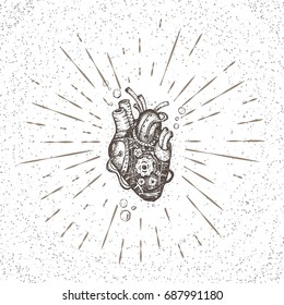 Illustration mechanical heart. Hand drawn vintage vector. Steampunk style