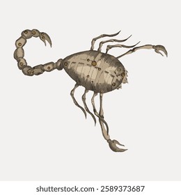 Illustration of a mechanical scorpion with a segmented tail and pincers. The mechanical design features intricate details and a metallic appearance. Vintage animal illustration vector.