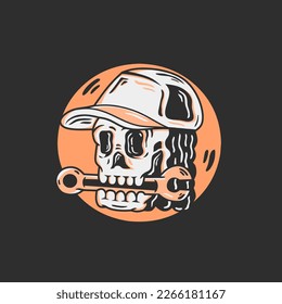 illustration of a mechanical skull in a hat, with a wrench in the mouth. retro and antique style. design suitable for stickers, t-shirts and tattoos