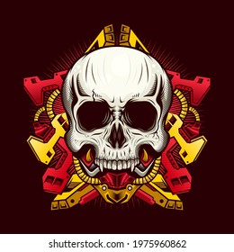 Illustration of Mechanical Skull with Red Armor detailed vector design