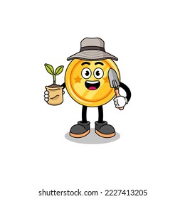 Illustration of medal cartoon holding a plant seed , character design
