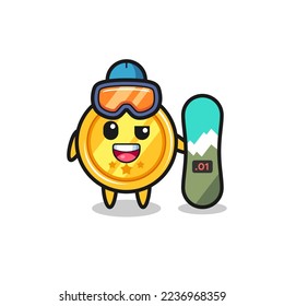 Illustration of medal character with snowboarding style , cute style design for t shirt, sticker, logo element