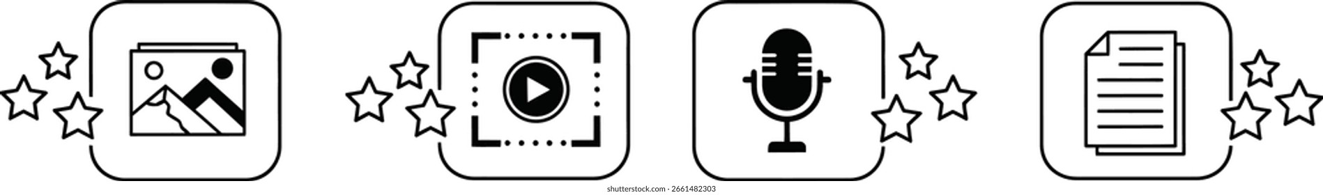 illustration of media content types including image, video, audio, and document with star rating icons, perfect for digital asset management systems and user interfaces.