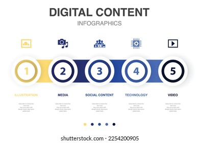 illustration, media, social content, technology, video, icons Infographic design layout template. Creative presentation concept with 5 steps