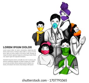 ilustración de antecedentes médicos con indios usando mascarilla casera que muestra la prevención del mortal brote epidémico del Novel Coronavirus 19