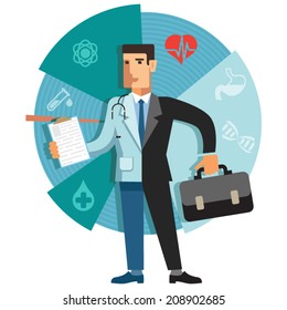 illustration of a medical business. Duality. half doctor half businessman