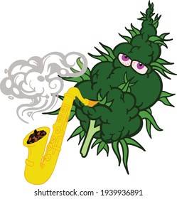 Illustration of medical cannabis bud with saxophone and smoke in vector