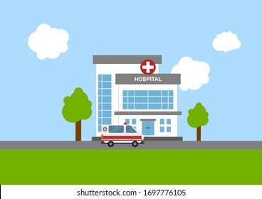 Illustration of medical concept with hospital building and ambulance in flat style. Suitable for infographic resources.