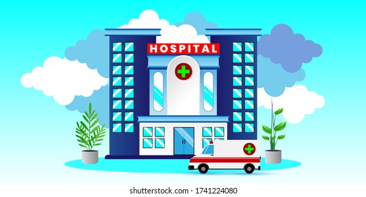 Illustration of medical concept with hospital building and ambulance, can use for, landing page, template, ui, web, mobile app, poster, banner, flyer