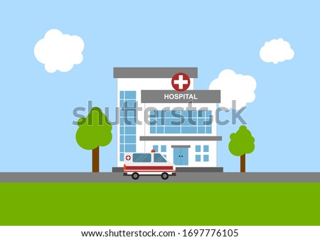 Illustration of medical concept with hospital building and ambulance in flat style. Suitable for infographic resources.