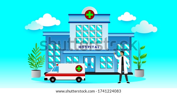 Illustration of medical concept with hospital\
building and ambulance, can use for, landing page, template, ui,\
web, mobile app, poster, banner,\
flyer