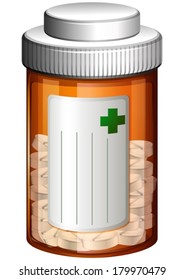 Illustration of a medical container with tablets on a white background svg