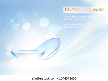 Illustration for medical design. Contact eye lenses will care about your health. Concept with water wave flows over a blue background and two eye lenses. Vector illustration.