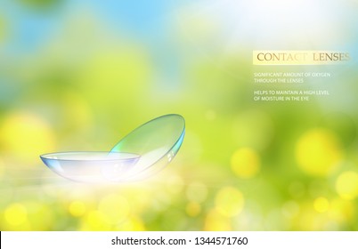 Illustration for medical design. Contact eye lenses will care about your health. Natural green blurred background. Vector illustration.