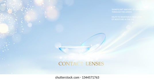 Illustration for medical design. Contact eye lenses will care about your health. Concept with water wave flows over a blue background and two eye lenses. Vector illustration.