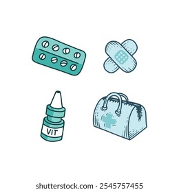 Ilustração de ícones essenciais médicos, incluindo um kit de primeiros socorros, blister de pílula, bandagem e garrafa de vitamina, representando saúde e bem-estar.